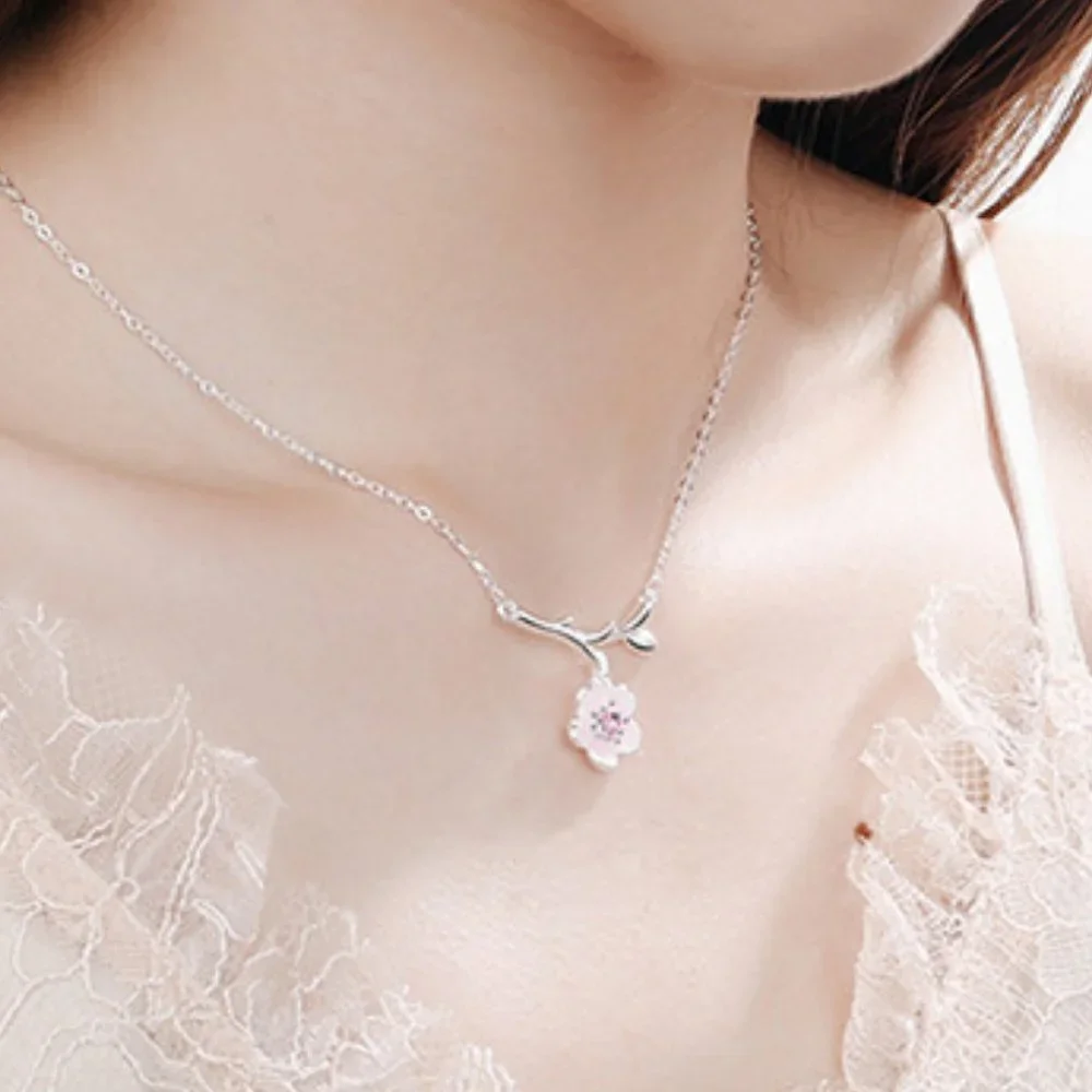 #NEW 925 Sterling Silver Pink White Diamond Cherry Blossom Leaf Branch Necklace
